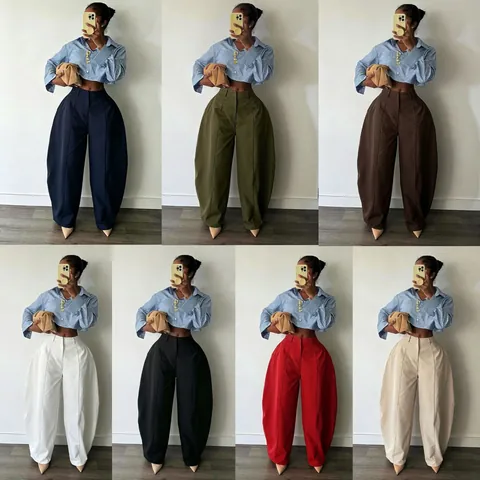 Women European American Commuting Casual Pants Loose Silhouette Balloon Pants High Waist Structured Cotton Lantern Trousers