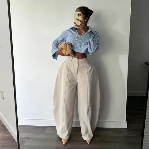 Women European American Commuting Casual Pants Loose Silhouette Balloon Pants High Waist Structured Cotton Lantern Trousers