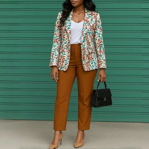 Set Due Pezzi Blazer E Pantaloni Da Donna Di Moda Vestibilità Slim Stampa Astratta Completo Da Ufficio Elegante