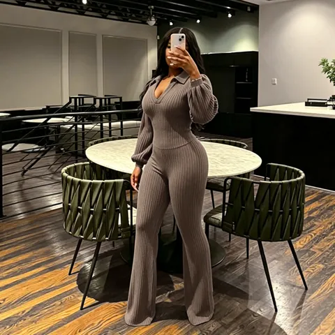 Women's Elegant Ribbed Knit Top And Bottom Set Lapel Collar Lantern Sleeve Top And Flare Pants Solid Color Suit Autumn