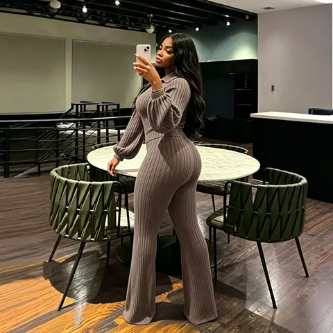 Women's Elegant Ribbed Knit Top And Bottom Set Lapel Collar Lantern Sleeve Top And Flare Pants Solid Color Suit Autumn