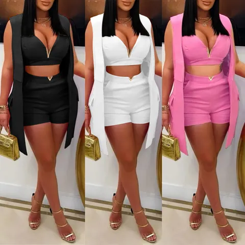 Dames Elegant Woon-werkverkeer Driedelig Set Mouwloos Lang Revers Vest Cardigan V-hals Crop Top En Hoge Taille Shorts Outfit