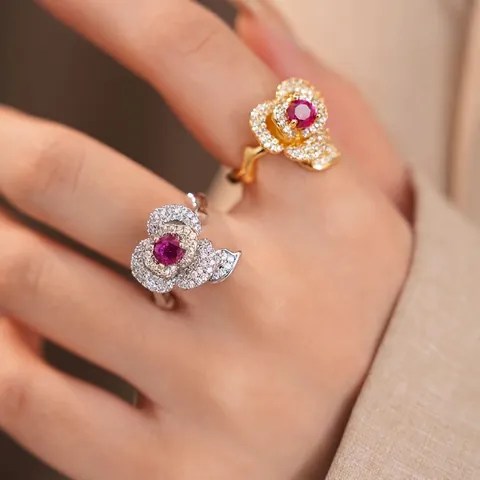 Vintage 14K Gold Plated Zirconia Flower Open Ring For Women Elegant Rose Red Floral Adjustable Finger Ring Fashion Jewelry