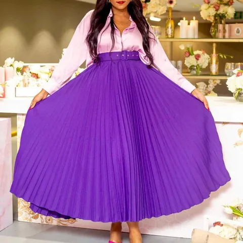 Gonna Midi a Vita Alta a Pliche per Donna Con Cintura Elegante Tinta Unita Linea A Gonna Maxi a Ruota Poliestere