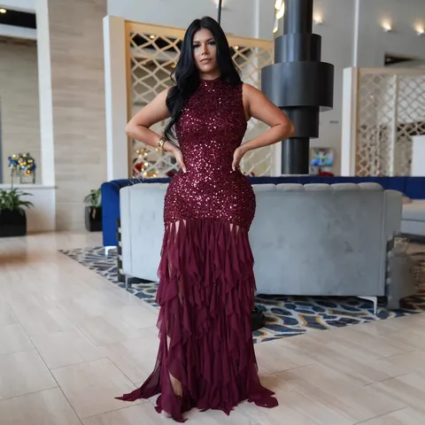 Elegant Sequin Mesh Patchwork Slim Fit Maxi Dress Women Sexy High Neck Sleeveless Ruffle Mermaid Party Evening Gown