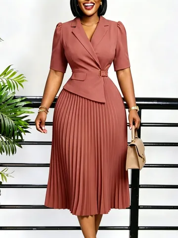 Women Elegant Notched Lapel Half Sleeve Midi Dress Solid Color High Waist Pleated A-Line Patchwork Office Lady Fashion Dress