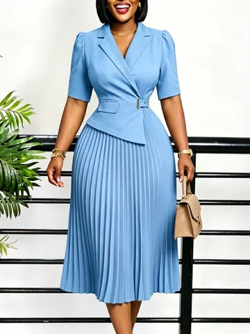 Women Elegant Notched Lapel Half Sleeve Midi Dress Solid Color High Waist Pleated A-Line Patchwork Office Lady Fashion Dress