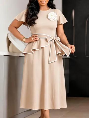 African Fashion Women Slim Midi Dress Ruffle Short Sleeve Peplum Waist Bow Belt Contrast Color Dress With Flower Brooch