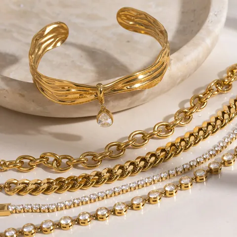 Fashion Stainless Steel 18K Gold Plated Rhinestone Bracelet Set For Women Geometric Wave Bangle Tennis Chain Cuban Link Jewelry