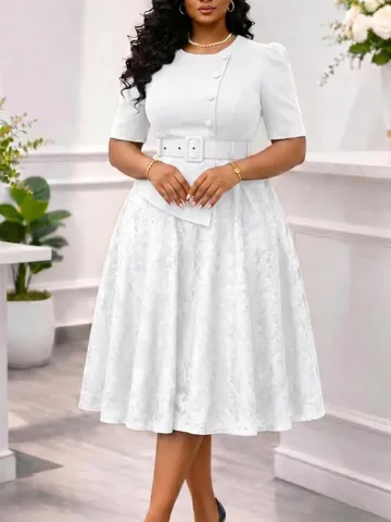 Women Elegant Fake Two Piece Lace Patchwork Dress High Waist Midi A-Line Summer Socialite Party Dress With Belt Plus Size