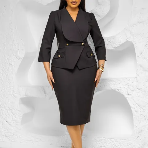 Elegante Vestito Peplum Donna Tinta Unita Grande Bavero Manica a Tre Quarti Ufficio Bodycon Midi Vestito Con Bottoni