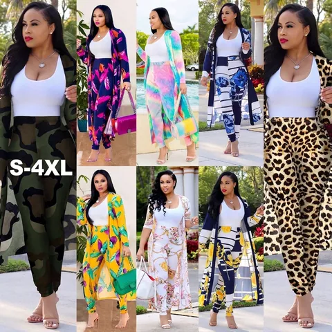 Women Polyester Sexy Printed Long Sleeve Cardigan And Pants Top And Bottom Set Nightclub Party Wear Elegant Casual Outfits