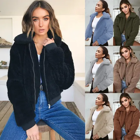 Damen Casual Teddy-Fleece Jacke Kunstpelz Warm Einfarbig Reißverschluss Oberbekleidung Gerippte Bündchen Teddy-Mantel Herbst Winter Kleidung
