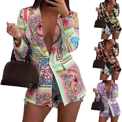European Style Women Printed Blazer Jacket Baroque Chain Pattern Long Sleeve Button Outerwear Elegant Commute Autumn Top