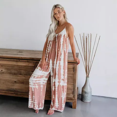 Tuta Intera a Gamba Larga con Spalline Sottili da Donna Sexy Scollo a V Tie Dye Stampa Leopardata Senza Maniche Boema Estate Casual