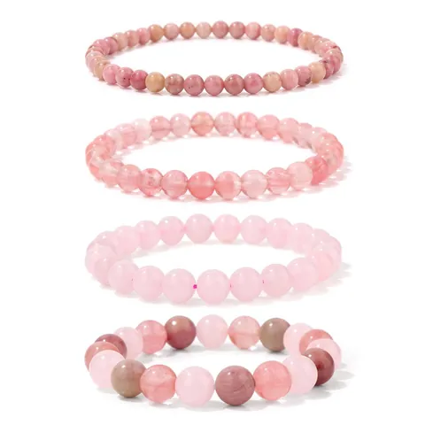 Natural Rose Quartz Red Wood Grain Stone Beaded Bracelet Set For Women Healing Crystal Stretch Bracelet Fashion Jewelry