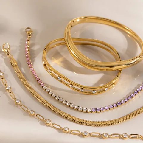 Stainless Steel 18K Gold Plated Bracelet For Women Minimalist Elegant Wavy Bangle Rhinestone Inlaid Link Chain Snake Chain Tennis Bracelet Fashion Jewelry