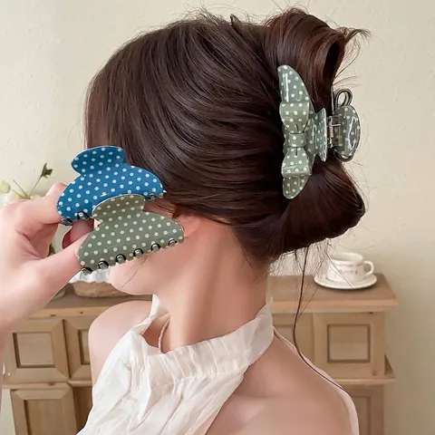 Exquisite Korean Acrylic Polka Dot Bow Hair Claw For Women Elegant Retro Blue Green Shark Clip High End Hair Styling Tool Hair Accessory