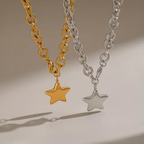 Collier Pendentif Pentagramme en Acier Inoxydable pour Femme Grosse Chaîne Plaqué Or 18K Argent Bijoux de Mode Étoile