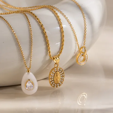 Collar de Acero Inoxidable Chapado en Oro 18K para Mujer Colgante Geométrico Circonia Dijes Virgen María Joyería de Moda