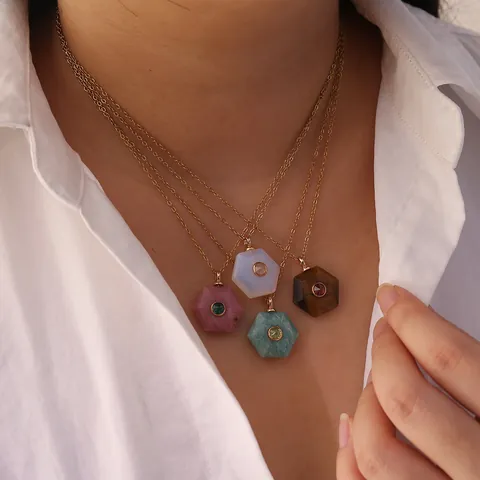 Stainless Steel Natural Stone Hexagonal Pendant Necklace For Women Gold Plated Geometric Rhinestone Inlaid Birthday Jewelry