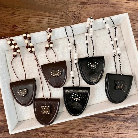 Korean Style Polka Dot Heart Pendant Necklace Fashion Leather Cat Bear Long Sweater Chain With Artificial Pearl For Women