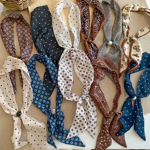 Bufanda de Algodón y Lino Retro Estampada de Lunares Collar para Mujer Elegante Corbata Pequeña Moda Accesorio Diario