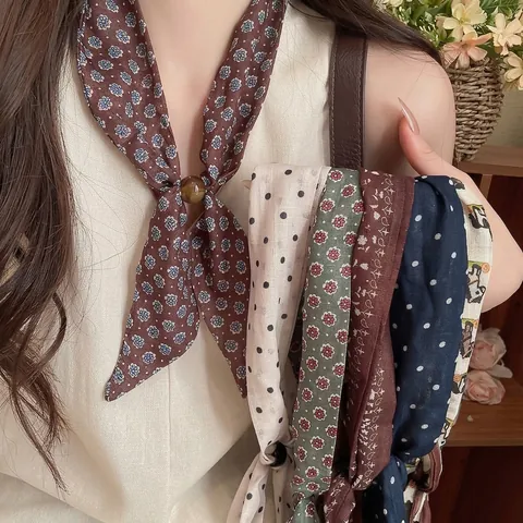 Bufanda de Algodón y Lino Retro Estampada de Lunares Collar para Mujer Elegante Corbata Pequeña Moda Accesorio Diario