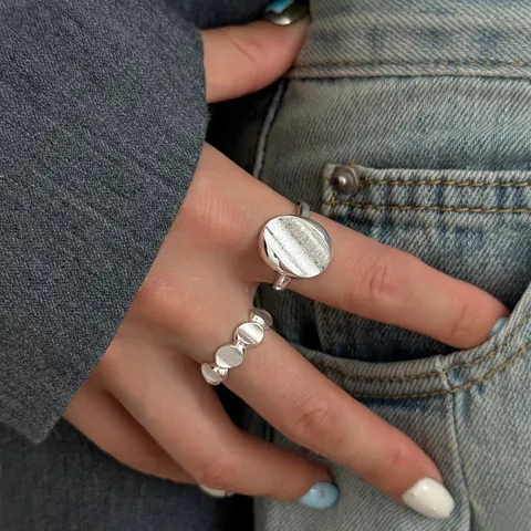 Minimalist Silver Plated Copper Open Ring For Women Irregular Round Geometric Adjustable Finger Ring Brushed Matte Niche Fashion Jewelry Gift