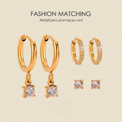Edelstahl Zirkonia Ohrring Set für Damen 18K Vergoldet Strass Creolen Stecker Ohrringe Set 3 Paare Schmuck