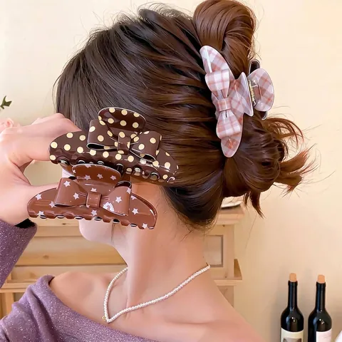 Vintage Acrylic Bow Hair Claw Clip For Women Elegant Retro Bowknot Shark Clip Polka Dot Star Plaid Pattern Hair Accessories