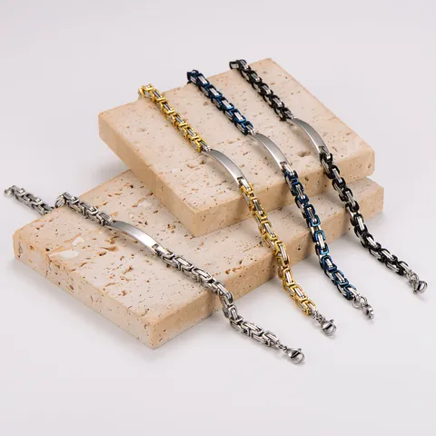 Men's Hip Hop 304 Stainless Steel Byzantine Chain Bracelet With Curved ID Plate Polished Metal Wristband Jewelry Gift