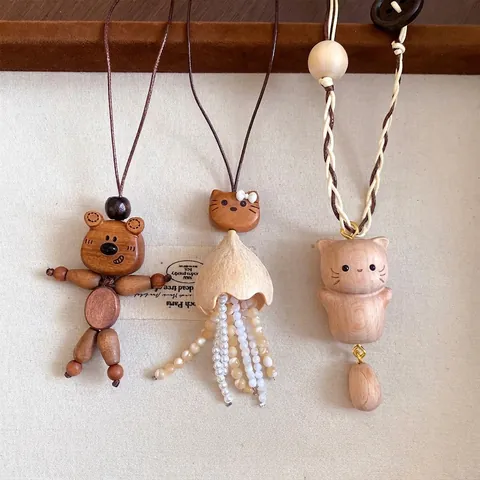 Handmade Vintage Wooden Animal Pendant Necklace For Women New Chinese Style Leather Cord Long Sweater Chain Cat Bear