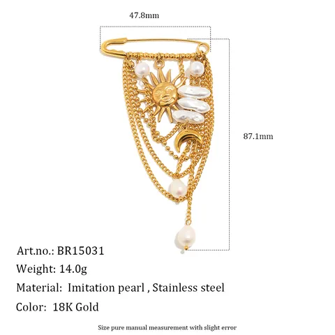 Spilla con Nappina in Acciaio Inossidabile Placcato Oro 18K per Donna Lusso Perla Artificiale Strass Spilla Sole Cuore Gioielli