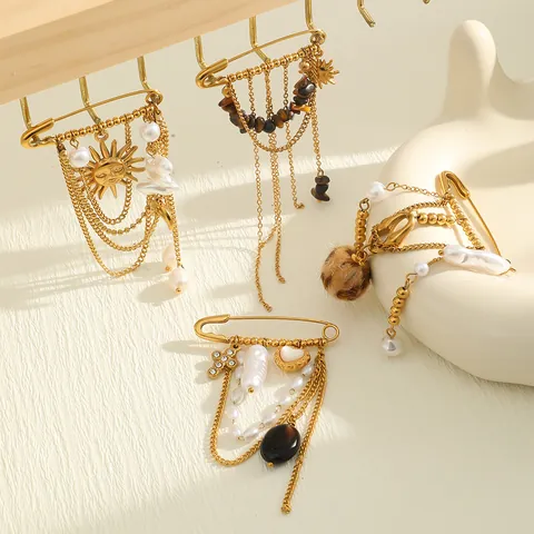 Spilla con Nappina in Acciaio Inossidabile Placcato Oro 18K per Donna Lusso Perla Artificiale Strass Spilla Sole Cuore Gioielli
