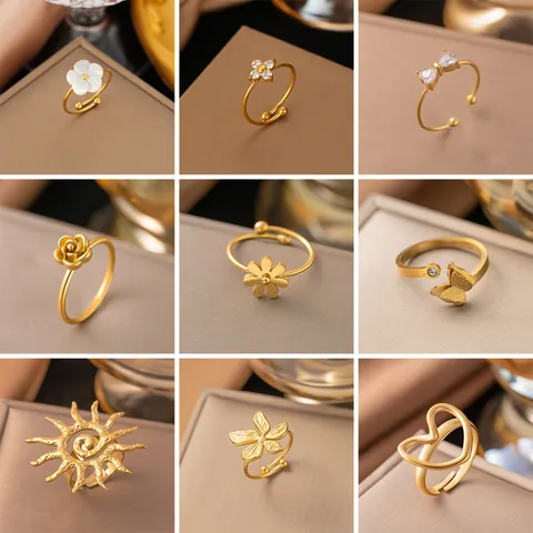 Titanium Steel 18K Gold Plated Open Ring For Women Elegant Minimalist Flower Heart Bow Rose Shell Rhinestone Adjustable High-End Sense Fashion Jewelry Ring