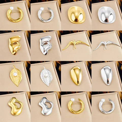 Modern Stainless Steel Glossy Brooch For Women Gold Silver Plated Geometric Leaf Bird Mask Design With Artificial Pearl For Commute Party Fashion Jewelry