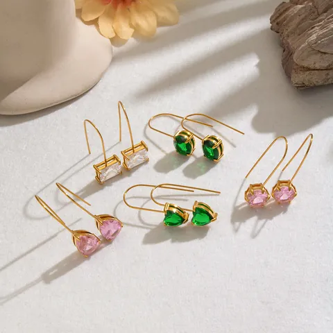 Pendientes Colgantes de Acero Inoxidable Chapado en Oro 18K con Circonia de Colores Estilo Vintage Francés Pendientes de Gancho Geométricos Mujer