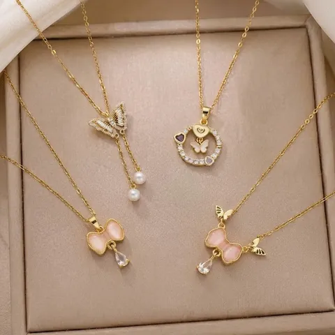 Vintage Butterfly Tassel Pendant Necklace For Women Titanium Steel Cross Chain French Light Luxury Rhinestone Zirconia Elegant Clavicle Necklace Jewelry