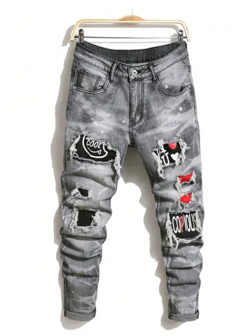 Herren Distressed Ripped Jeans Graffiti Patchwork Gerade Passform Gewaschene Denim Hose Streetwear Schmale Beinhose Mit Farbspritzern