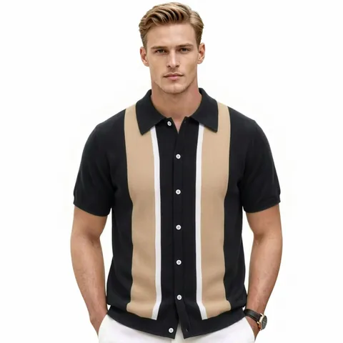 Men Business Casual Viscose Knitted Polo Shirt Color Block Short Sleeve Cardigan Lapel Summer Top