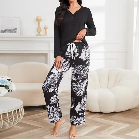 Women Pajamas Set Long Sleeve Printed Pants Top And Bottom Viscose Polyester Loungewear Casual Loose Sleepwear For Winter
