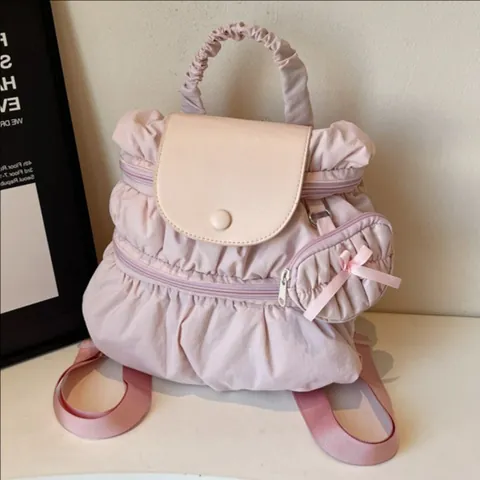 Sac à Dos Femme Plissé Style Coréen Avec Mini Sac Nœud Sac d'École Doux en Nylon Sac de Jour Décontracté pour Filles