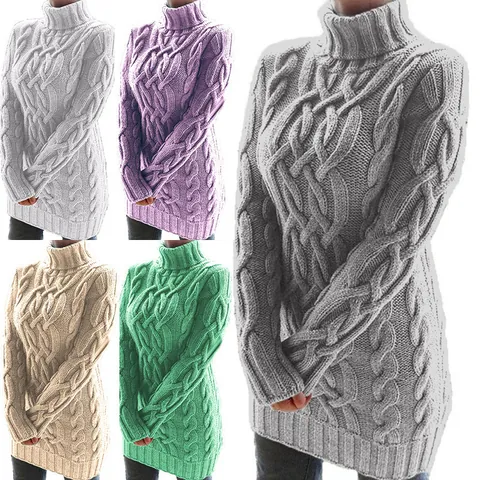 Women Autumn Winter Cable Knit Turtleneck Sweater Dress Long Sleeve Slim Fit Thick Ribbed Pullover Mini Knit Dress