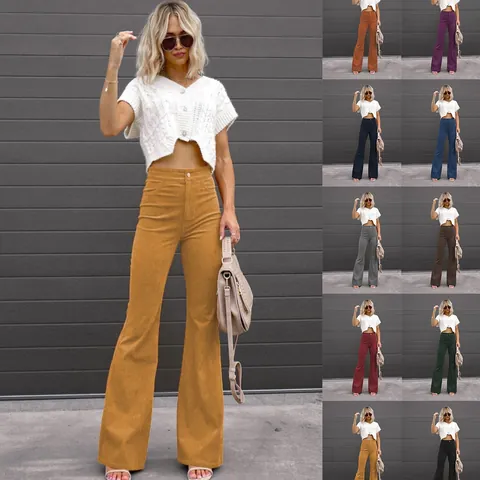 Women High Waist Corduroy Flare Pants Casual Solid Color Full Length Trousers Streetwear Spring Slim Fit Bottoms