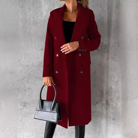 Women Mid-Length Woolen Coat Elegant Double-Breasted Lapel Long Sleeve Solid Color Outwear With Pockets Polyester Trench Coat