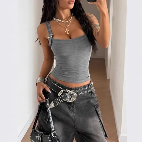 Women Ribbed Knit Cami Tank Top With Metal Buckle Straps Slim Fit Square Neck Solid Color Streetwear Summer Casual Sleeveless Top