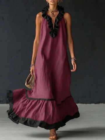 Elegante Abito Lungo da Donna Senza Maniche Con Scollo a V e Orlo Con Volant Tinta Unita in Poliestere ed Elastan