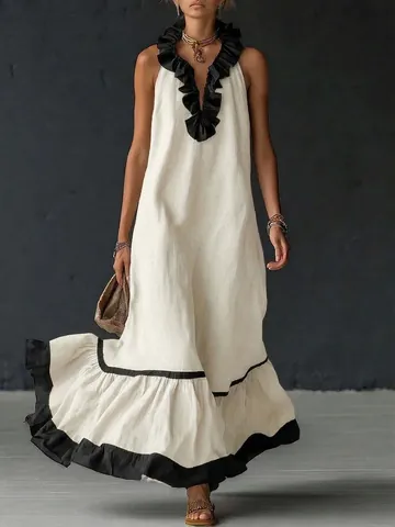 Elegante Abito Lungo da Donna Senza Maniche Con Scollo a V e Orlo Con Volant Tinta Unita in Poliestere ed Elastan