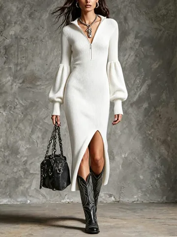 Women's Autumn Winter Solid Knit Midi Dress Vintage Half Zipper High Neck Lantern Sleeve Bodycon Split Hem Long Dress